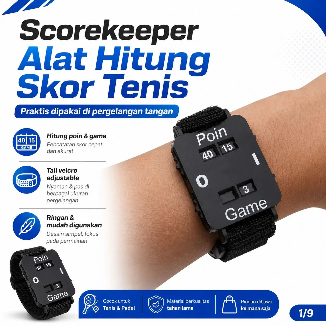 P&P Pickelball Padel Tennis Scorekeeper alat hitung skor tenis padel dengan tali elastis