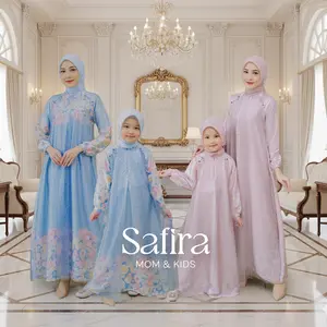 Safira Gamis Couple Mom & Kids Payet Premium Umur 1-13 Tahun Dress Muslim Bahan Almeera Print