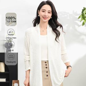 Áo cardigan nữ MuMeng [100% lụa tơ tằm], thiết kế họa tiết đan rỗng nhẹ, mặc trước ngắn cho mùa hè, áo khoác ngoài thanh lịch và phong cách casual 5568