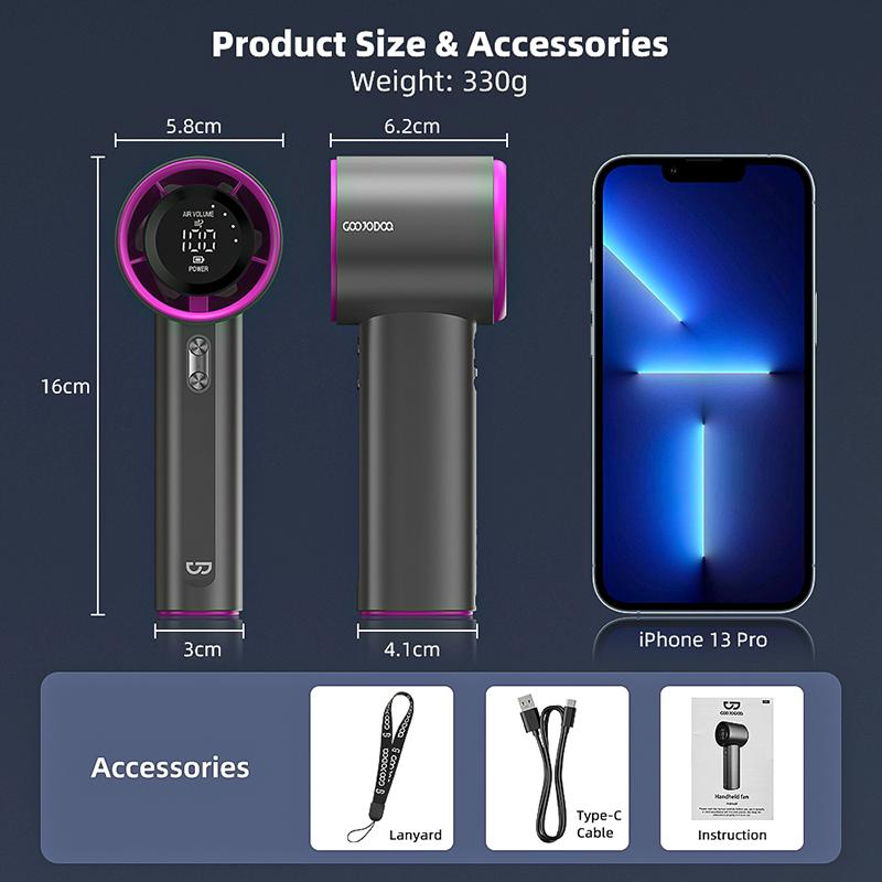 GOOJODOQ GFS001 + FREE GIFT FS079 High-speed Portable Handheld Fan 4000MAH Mini kipas Strong Wind 100 Gear Wind Speed kipas angin Digital Display Adjustable Turbo kipas tangan untuk olahraga luar ruangan dan pendinginan cepat