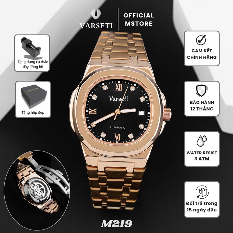 MS STORE x LIVE NB Đồng Hồ Nam Varseti Automatic Dây Kim Loại Mạ Vàng Hồng các cọc số được đính đá pha lê tinh xảo – M219