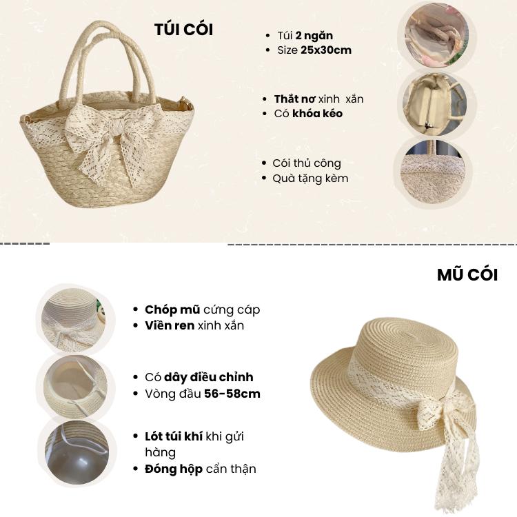 Combo Túi Mũ Cói Đeo Chéo Mix Nơ Ren Xinh Xắn Nhẹ Nhàng T27M18 QO Store 3