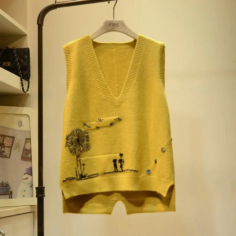 Áo Vest Dệt Kim Cổ Chữ V, Hàng Mới Về Mùa Thu, Dành Cho Nữ, Phong Cách Thường Ngày Nghệ Thuật, Dáng Rộng Vừa Vặn, Không Tay, Áo Ghi Lê Len, Áo Sơ Mi Lớp Cơ Sở
