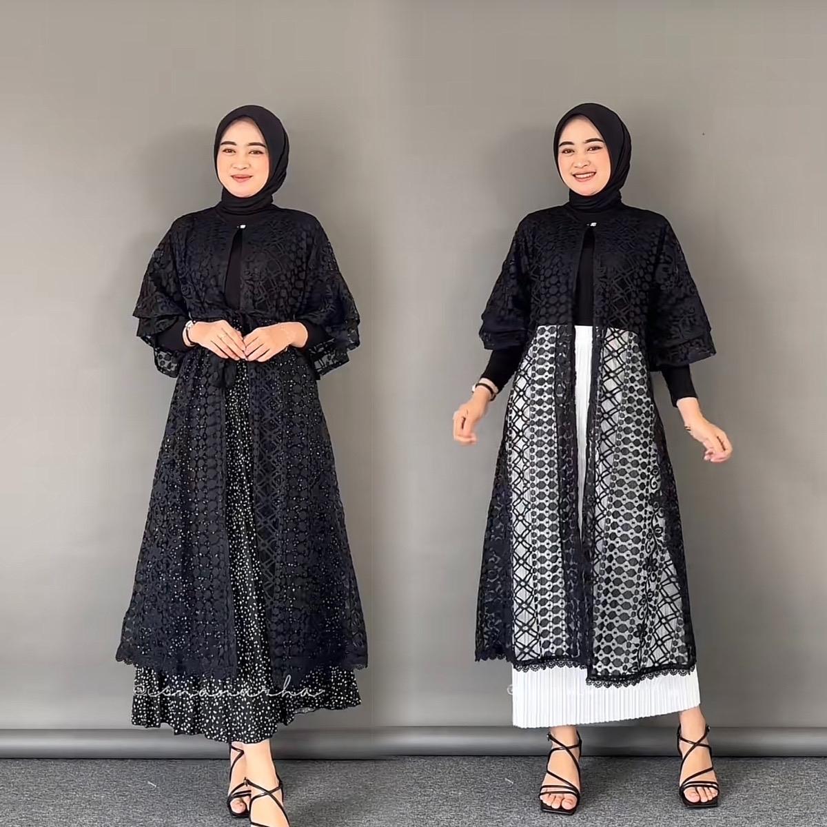 MALLIKA OUTER BRUKAT LENGAN RUFFLE KONDANGAN Muslim Wanita Cardigan Dress Panjang Hitam Kardigan lebaran