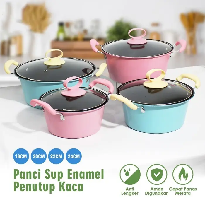 PANCI SUP ENAMEL GAGANG TUTUP KACA ANTI LENGKET 18CM 20CM 22CM 24CM / PANCI TUTUP KACA ANTI LENGKET