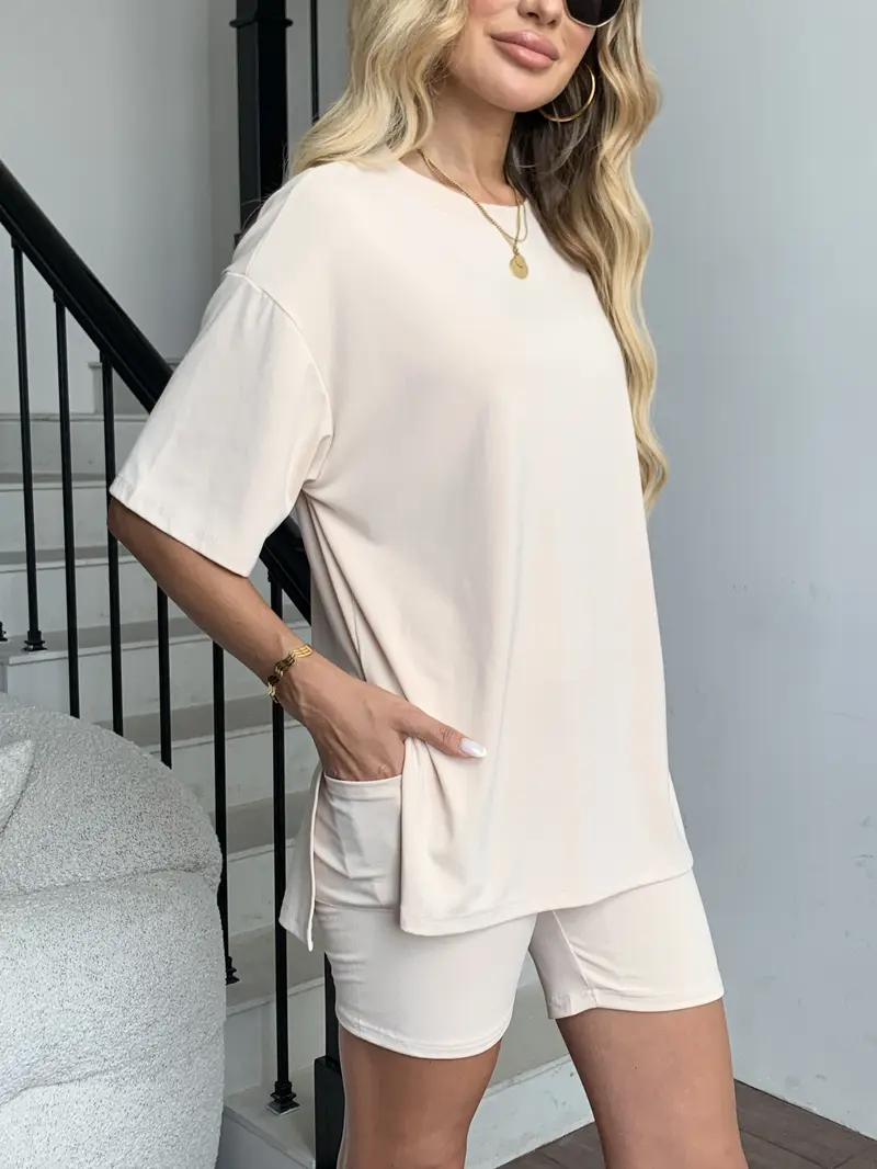 Product Introduction of TFNOSIZE Women's Casual Wear, Summer, 2-Piece Suit, Pajamas, Casual Loose, Short-Sleeved Shorts, Airport Travel Wear, Hem Slits, Home Wear 4