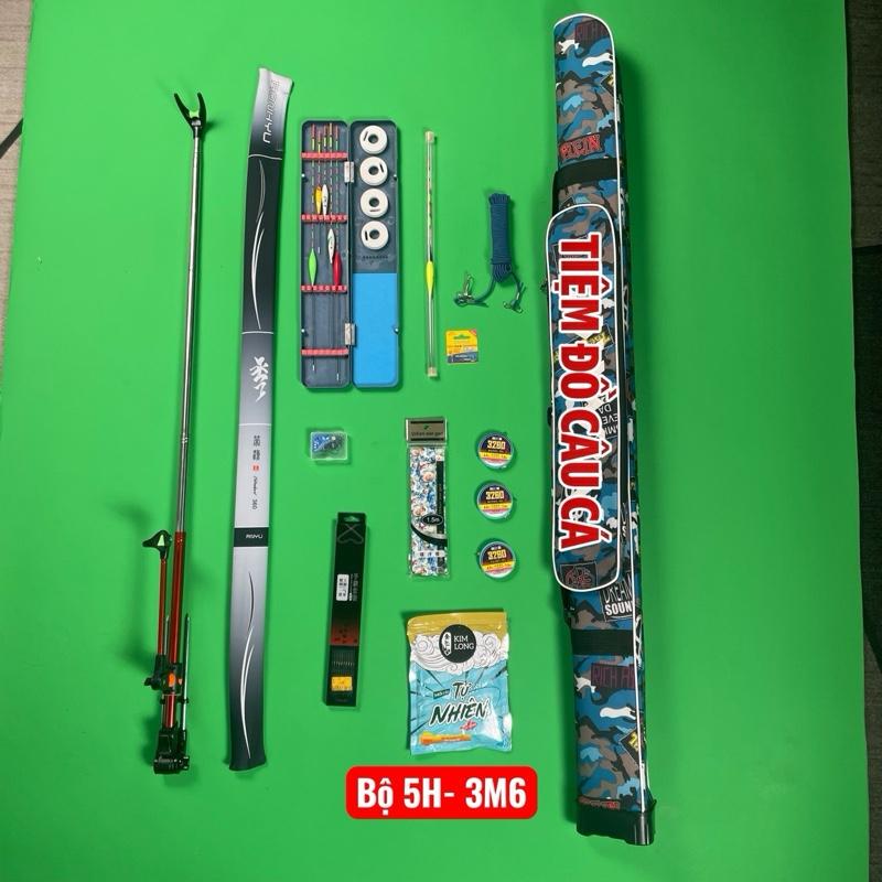  Bộ combo câu cá đầy đủ - Cần Câu 5H 3M6 - thẻo lưỡi bkk - dây cuốn cần - 3 trục câu - phao đêm - 5 phao ngày kèm hộp - bao đựng cần - chun bảo hiểm - mồi chép - gác cần câu. 