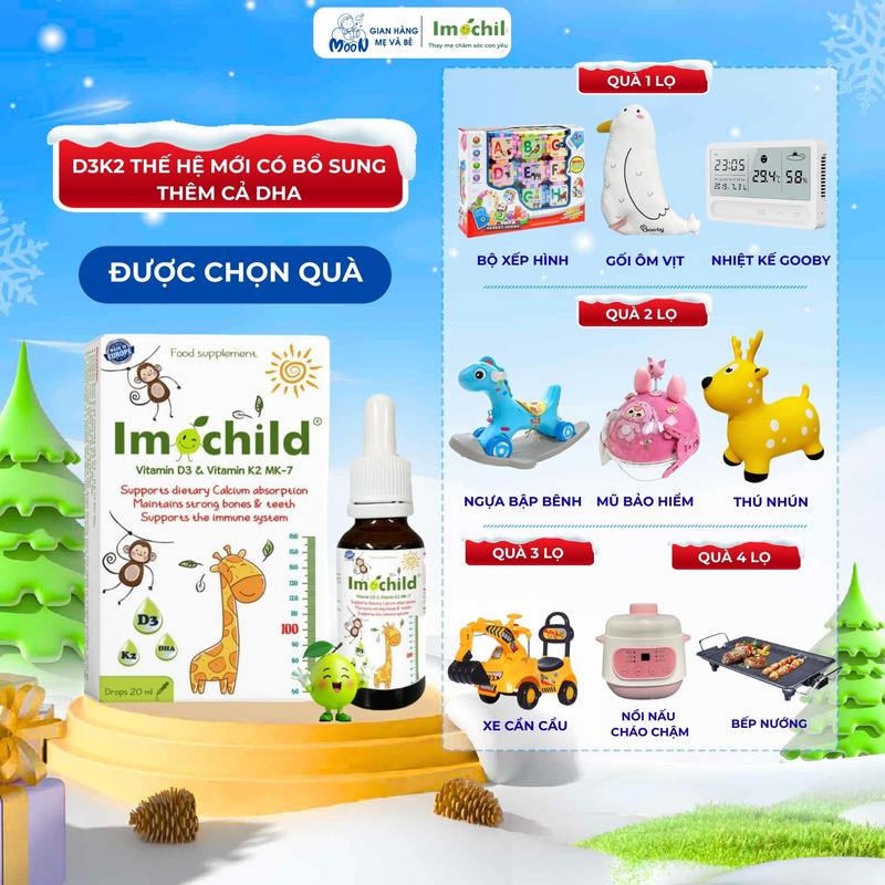 Vitamin D3 K2 IMOCHILD Hỗ Trợ Hấp Thụ Canxi Tăng Chiều Cao Cho Bé Cải Thiện Trí Não D3 IMOCHILD 20ML Vitamin cho bé Men 