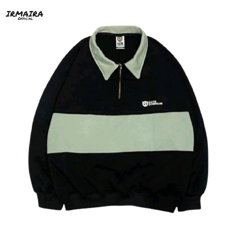 Sweater Model Vintage Rugby Kerah Zipper Hitam Kombinasi Mint Halfzip Unisex 1