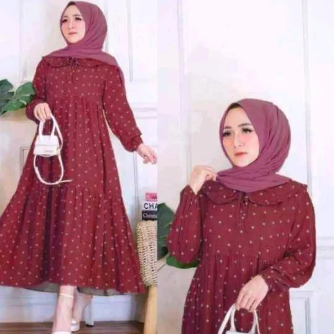 gamis midi dress motif polkadot gamis midi rayon premium tebal busui Remaja dress Fit Lembut Muslim Panjang