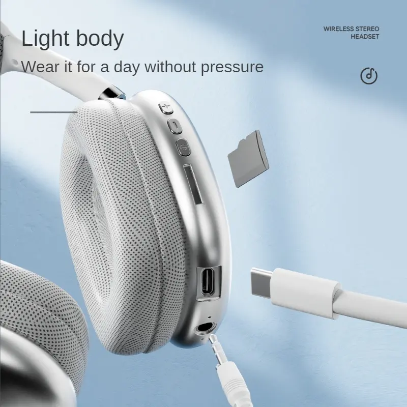 Tai nghe Bluetooth, P9 Pro Max, Loại âm thanh nổi, có giao diện Type-C, đi kèm với hộp đựng bảo vệ, tai nghe không dây 4