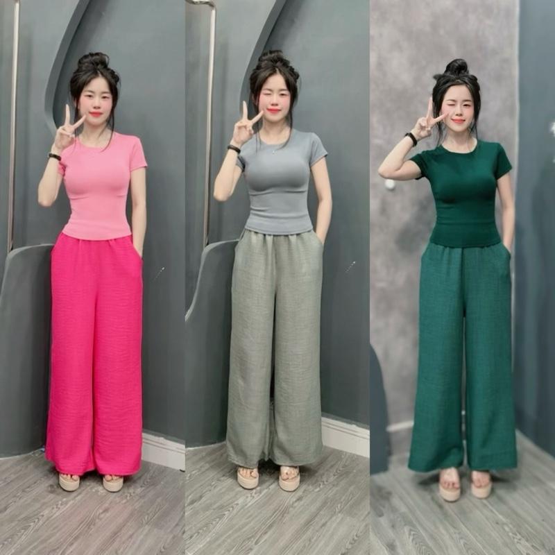 Set quần ống rộng đũi mềm phối áo thun cotton cổ tròn cá tính
