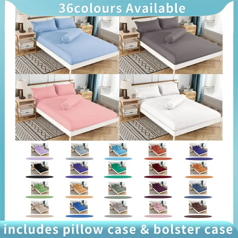 Plain Fitted Bedsheet Set with Pillow case and Bolster case 890TC soft sheets & pillowcases