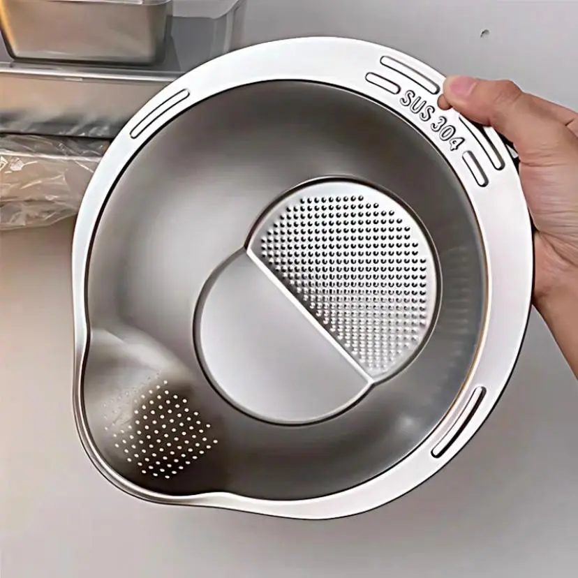 304 Stainless Steel Basin Drain Basket Rice Cleaning Artifact Rice Washing Sieve Household Kitchen Vegetable Washing Special Drain Basin Filter Basket