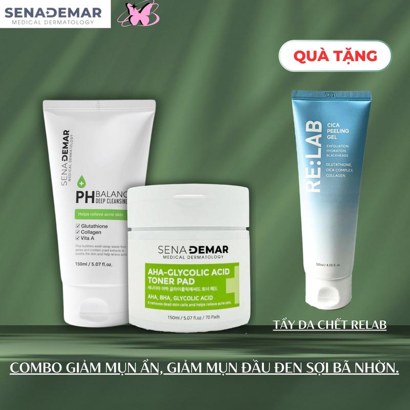    Senademar Relab  Combo Gồm Toner Pad Sữa Rửa Mặt Cân Bằng Độ pH Tặng Tẩy Tế Bào Chết Relab Giảm Mụn Đầu Đen Giảm Mụn Ẩn Sợi Bã Nhờn Cấp Ẩm. 