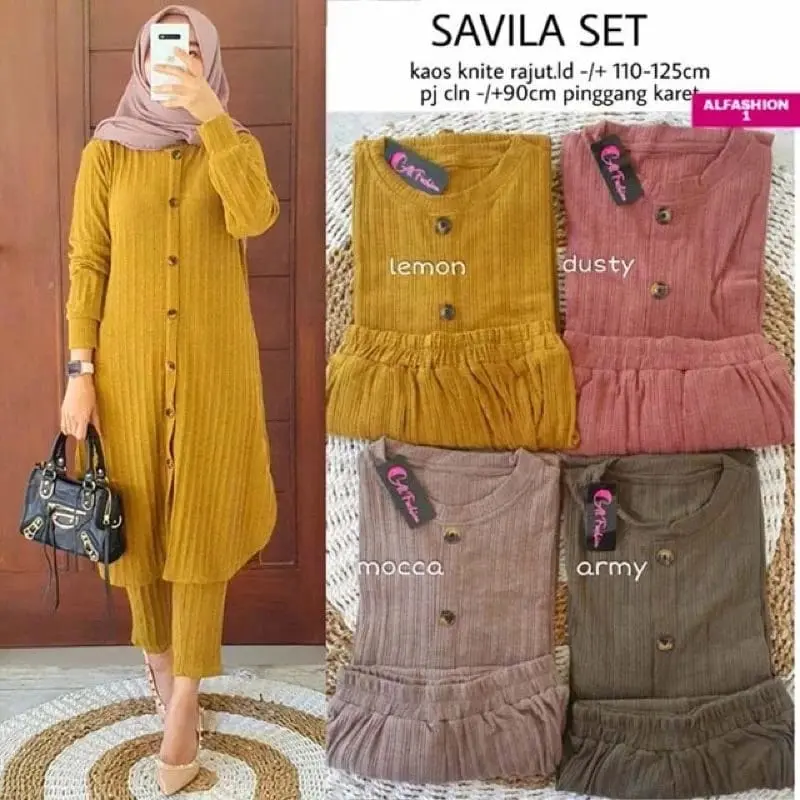 Savila set baju muslim terbaru - setelan wanita baju tunik jumbo full kancing Celana Panjang Kulot 3