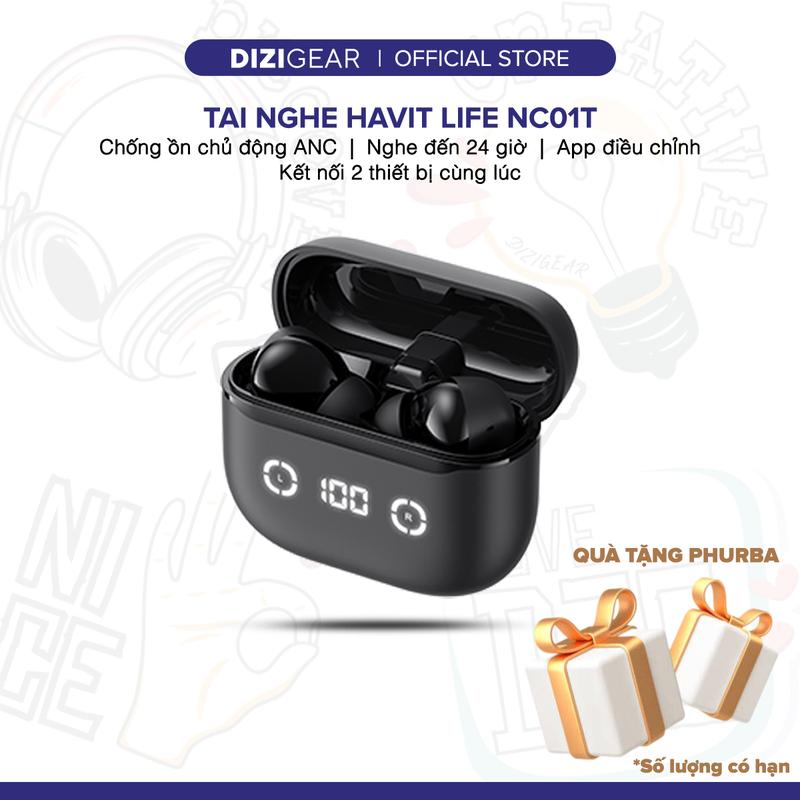 [Tặng quà Phurba] Tai Nghe TWS HAVIT LIFE NC01T, BT 5.4, 4 Mic ENC + ANC Hỗ Trợ Đàm Thoại, Độ Trễ 55ms, Có App Kết Nối - Hàng Chính Hãng