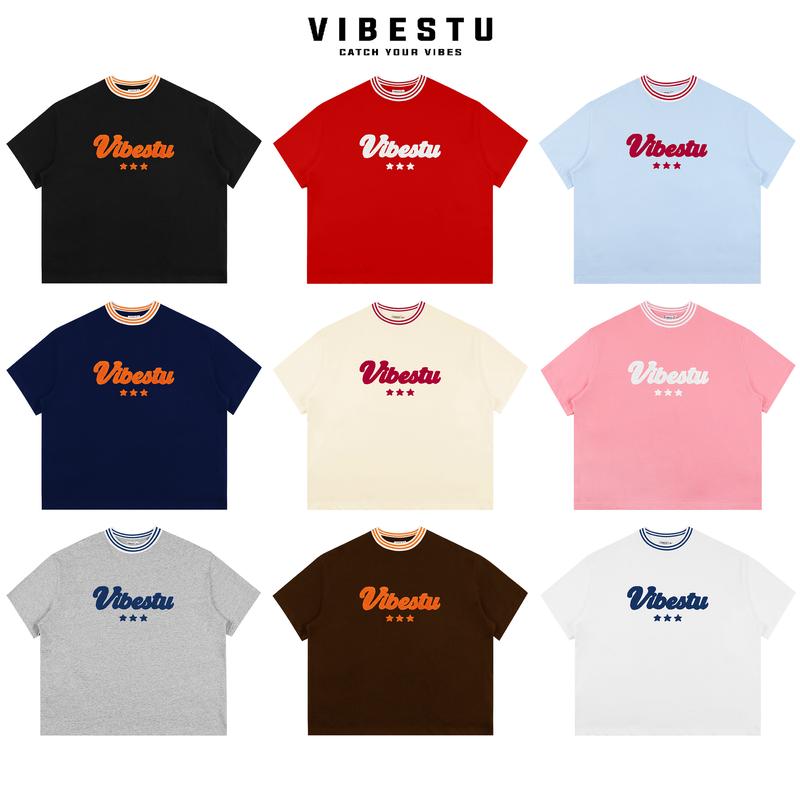 Thêu Xù Áo Thun Phối Cổ Local Brand VIBESTU " THÊU XÙ LOGO " Áo Thun Form Big Boxy Rộng Unisex 250Gsm Cotton