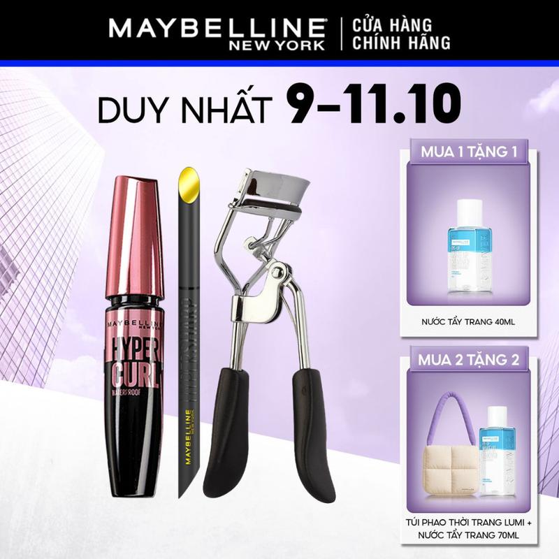[MUA 1 TẶNG 1 QUÀ] Bộ Bút kẻ mắt nước siêu sắc mảnh 36H không trôi Hyper Sharp, Mascara Dài và Cong Mi Hyper Curl Waterproof Maybelline New York kèm Kẹp Bấm Mi
