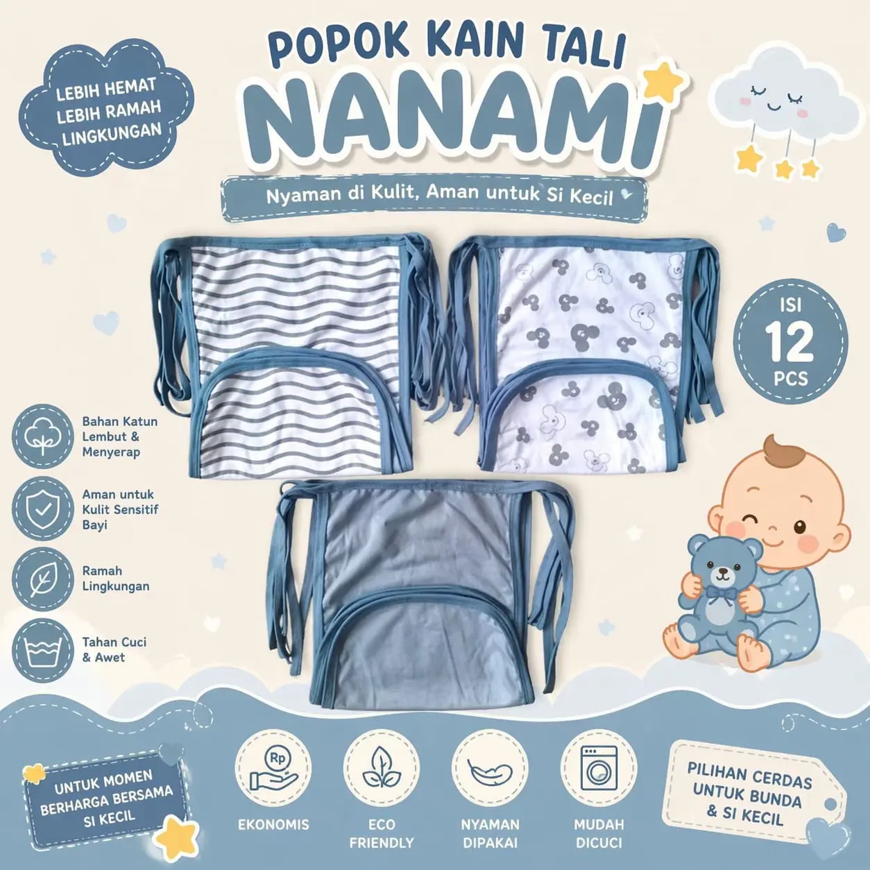12 pcs / 6 pcs Popok Bayi Tali Kain GREY, PINK, KHAKI, BATA SERIES SNI / Popok Kain Serian Premium