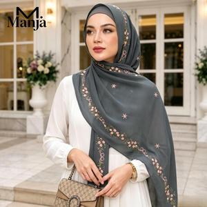 【Stock MY】Premium Floral Embroidery Chiffon Shawl Elegant Muslimah Tudung Hijab