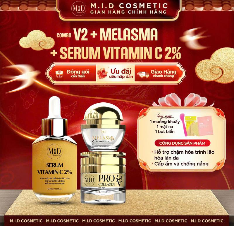 A1_ COMBO NÁM V2- VITAMIN C Kem Face PRO COLLAGEN V2 20gr + Face MELASMA 20g + Serum Vitamin C 2% 30ml - Hỗ Trợ Giảm Thâm Sạm Hỗ Trợ Dưỡng Trắng Da Làm Đẹp Da Skincare