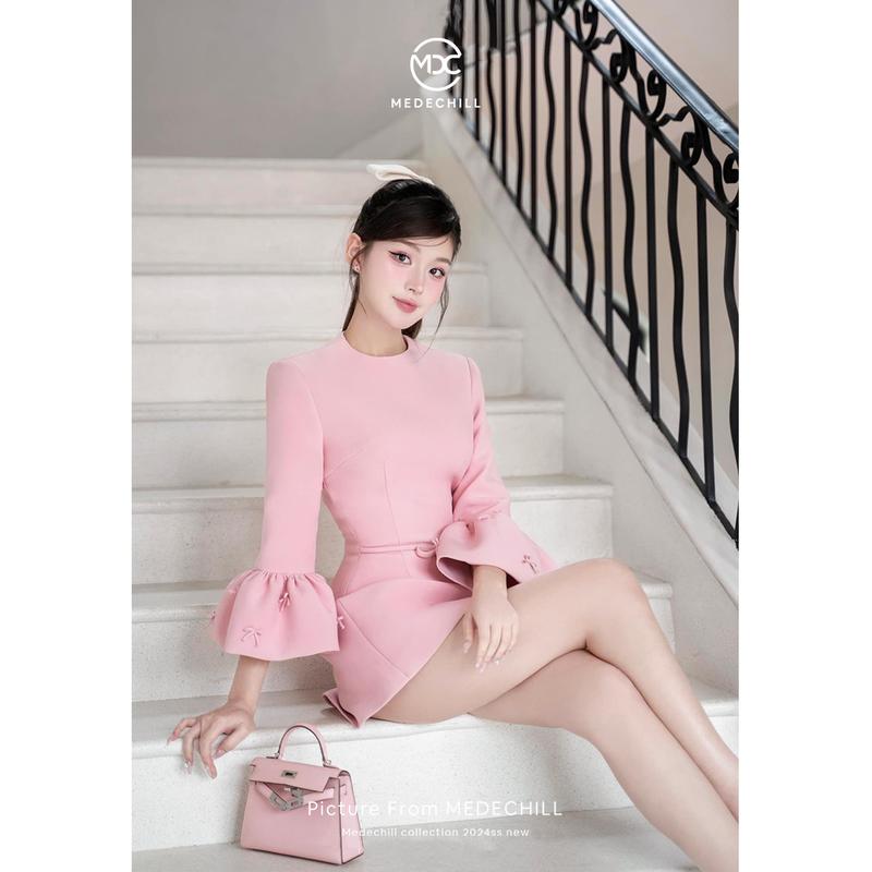 Váy Tiểu Thư, Váy Hồng Dáng Chữ A MEDECHILL Tay Loe Đính Nơ Chiết Eo Phù Hợp Công Sở, Dự Tiệc, Đi Chơi V1330