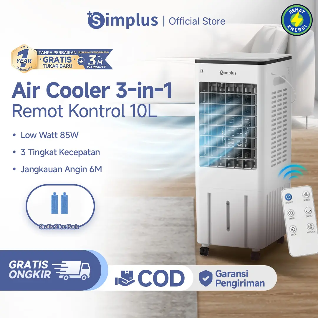 【Produk Baru】Simplus Air Cooler Tangki Air Besar 10L Pending Ruangan Low Watt 85W dengan Ice Pack Tenaga Motor Performa Tinggi Kipas Angin AC Remot Kontrol & Panel Sentuh Timer 12 Jam LFSH007-1