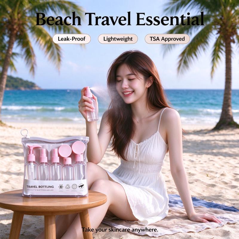 Bộ chai du lịch được TSA chấp thuận, các bình đựng mỹ phẩm chống rò rỉ có thể nạp lại, vật dụng vệ sinh cá nhân di động – thiết yếu cho kỳ nghỉ tại bãi biển