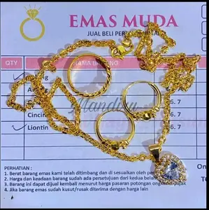 set perhiasan wanita E.M.A.S muda motif permata biru free surat dari toko