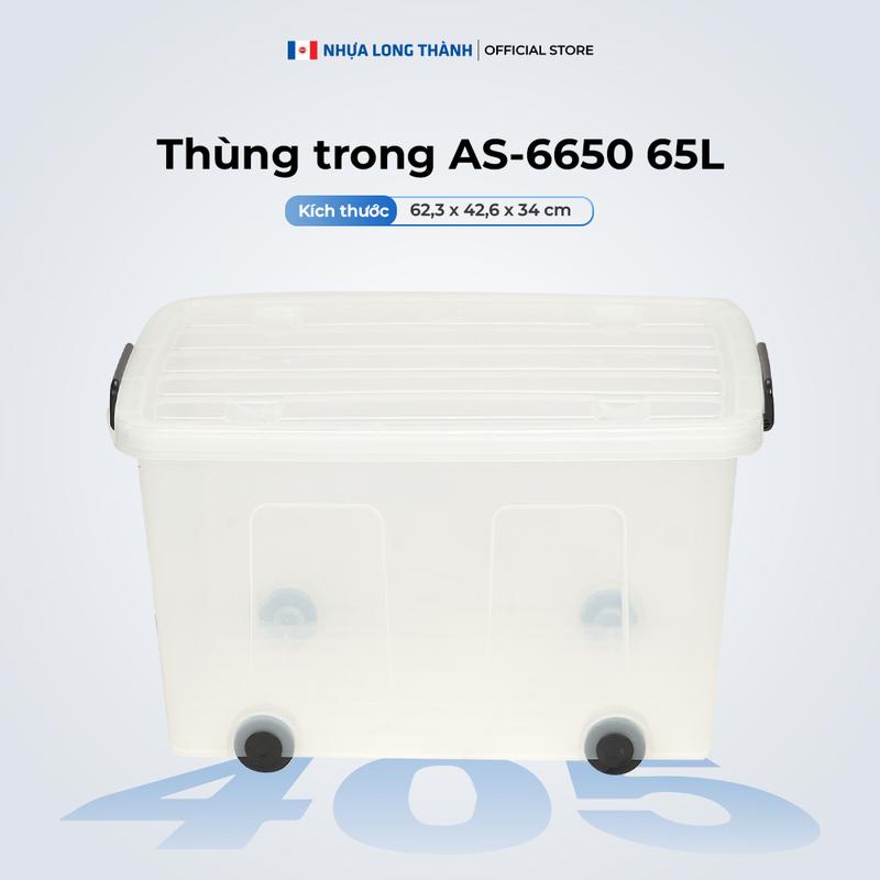 Thùng nhựa trong NHỰA LONG THÀNH AS-6550 có nắp, bánh xe chuyên dụng để lưu trữ và bảo quản thực phẩm, hàng hoá 65 lít