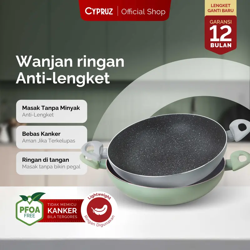 [SPECIAL KOKO PANCI] [COD] Cypruz Wajan Kuali 30 cm Abu Anti Lengket Tanpa Tutup Featehrlight Series Kitchenware 1