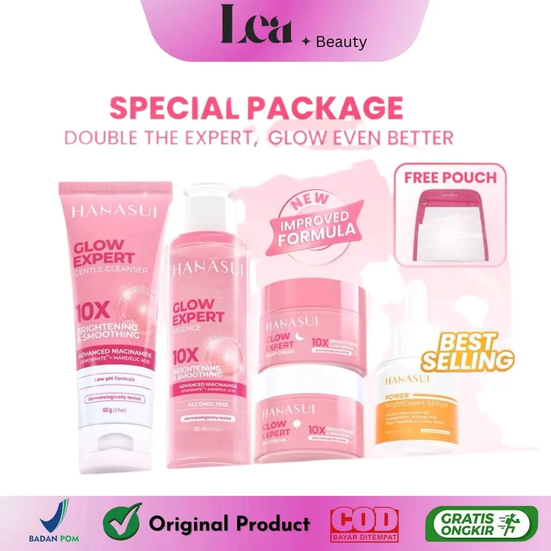Hanasui Paket Skincare Double Expert, Glow Better Set 4 pcs (Free Pouch) + Power Bright Expert Serum - Real 10% Advance Nianicinamide Mencerahkan Wajah Kurangi Bintik Hitam Bekas Jerawat New Improved Formula