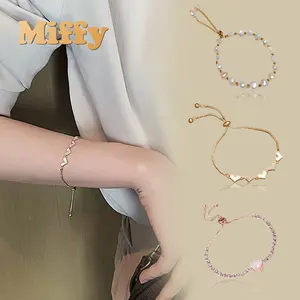 Miffy-Gelang Serut Mutiara Wanita Pehiasan Gelang Rantai Cewek Aksen Manik-Manik Gaya Casual Jewelry Fashion For Women titanum motif