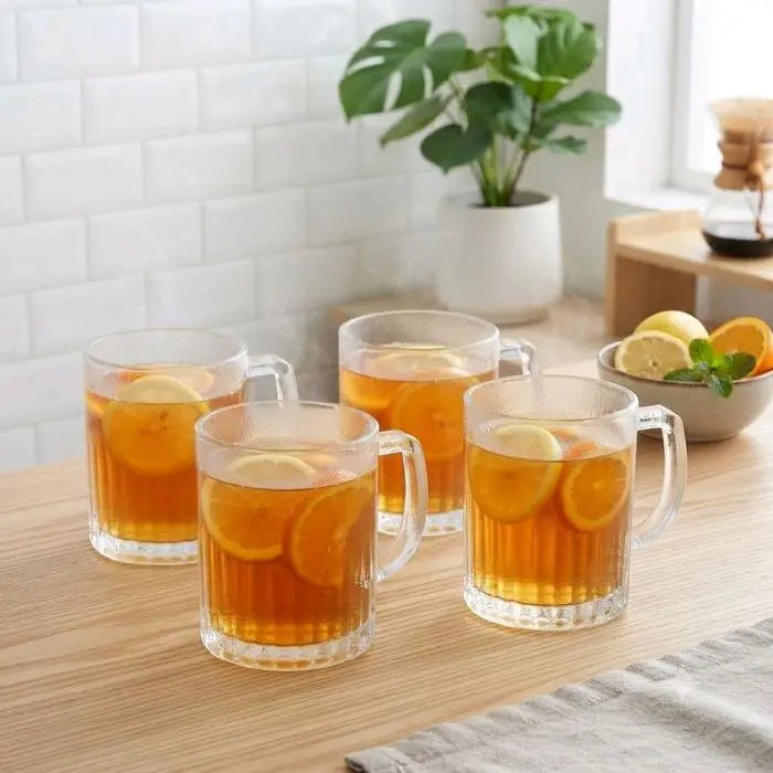 ORI Mug Gelas Minum Kaca Bergagang (4pcs) Motif Garis Gaya Modern 240ml - Bening