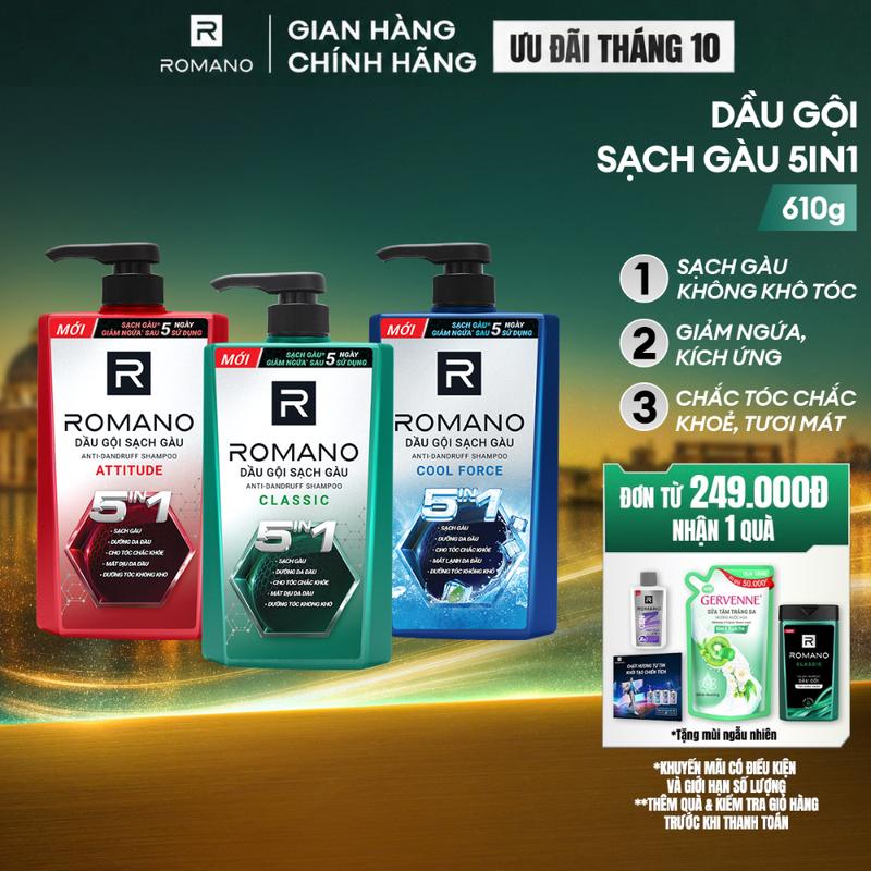 Dầu gội sạch gàu Dưỡng Tóc cho nam Romano 5in1 hương nước hoa Classic/ Force/ Attitude 610g-650g/chai - 3 mùi hương có sẵn