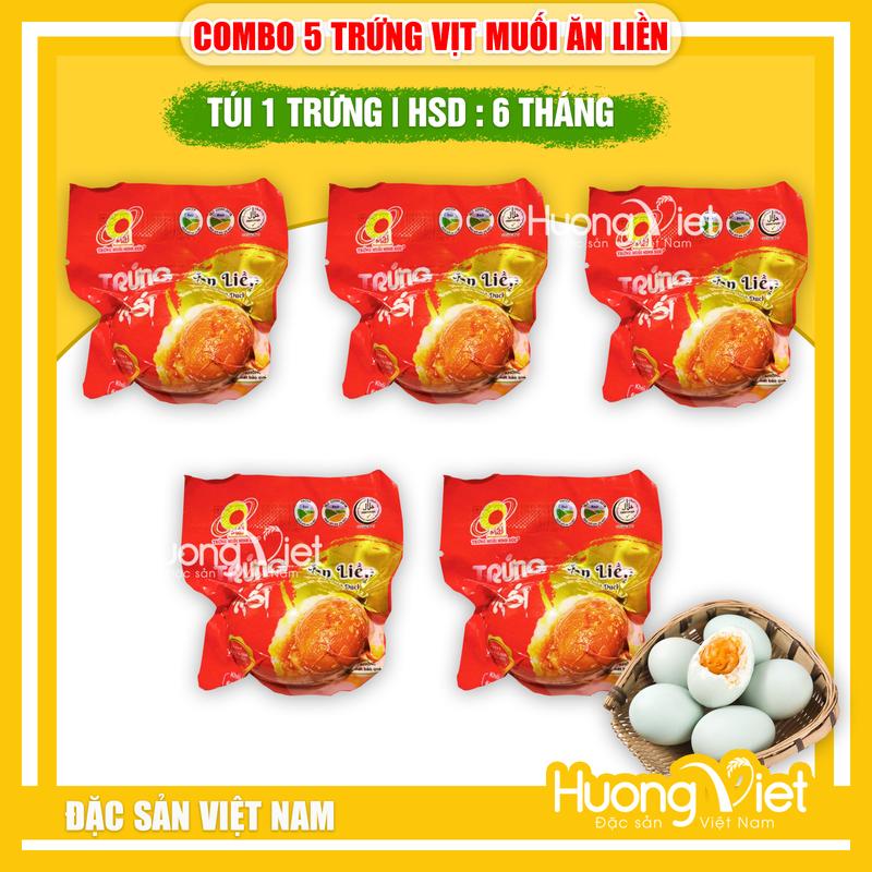 COMBO 5 Trứng vịt muối ăn liền Minh Đức, trứng vịt Việt Nam hút chân không 60g trứng, ăn ngay không cần chế biến