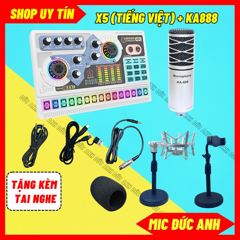  Bộ Mic Thu Âm Mic Livestream KA888 Loại 1 Sound Card X5 Màu Trắng Dùng Được Cho Mic 5V Và Micro 48V Tặng Kem Tai Nghe 