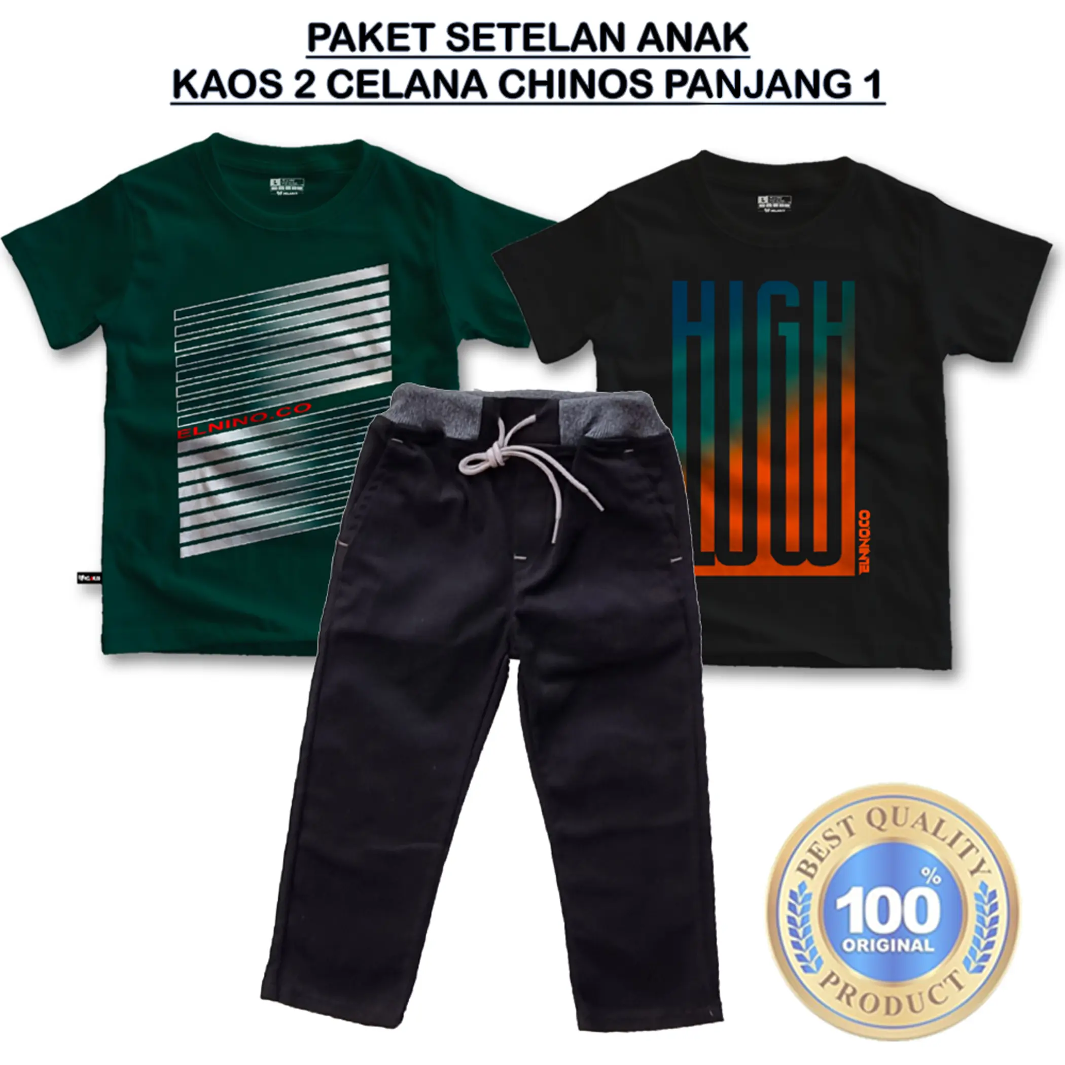 Paket setelan anak laki laki 2 kaos 1 celana Chino panjang usia 3,5-14 tahun bahan premium Kids