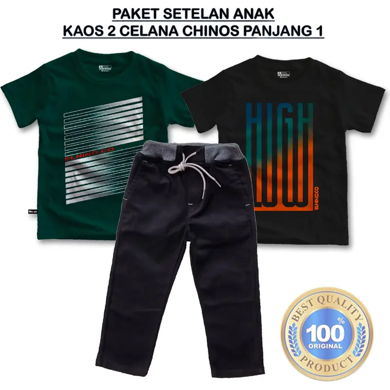 Paket setelan anak laki laki 2 kaos 1 celana Chino panjang usia 3,5-14 tahun bahan premium Kids 0