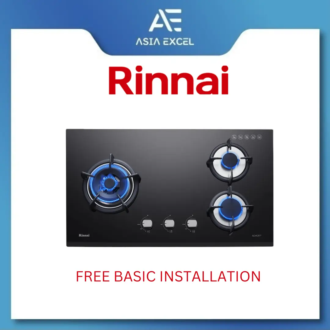 RINNAI RB-93TG (RB93TG) 3 BURNER HYPER FLAME GLASS HOB WITH SAFETY DEVICE