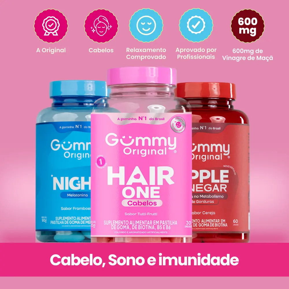 Kit 3 Gummy Original: Night + Vinagre de Maçã + Hair One  – Combo Completo de Suplementos Gummy