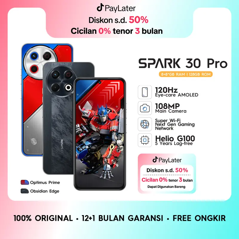 [Matpecistore] TECNO SPARK 30 Pro - 8+8GB*+128GB, 120Hz Eye Care AMOLED Display, 108MP Main Camera, Super Wi-fi, 5.000mAh + Bypass Charging, MediaTek Helio G100, 4.5G Fast Network, Android 14, Garansi 12+1 Bulan 0