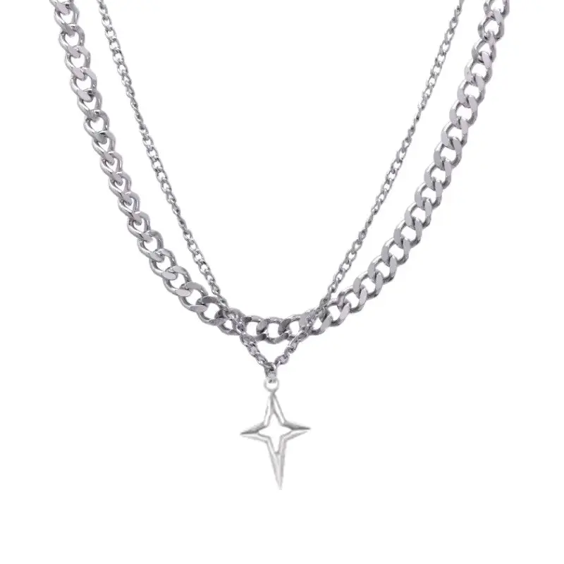 Kalung Double Layer Liontin Salib Bintang Gaya Hip Hop Titanium Anti Karat Pria Wanita Silver Stainless 4