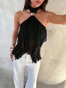 Top con volantes transparentes en capas, cuello halter, detalles de hebilla metálica, diseño sin espalda, estilo romántico y sexy para citas y salidas