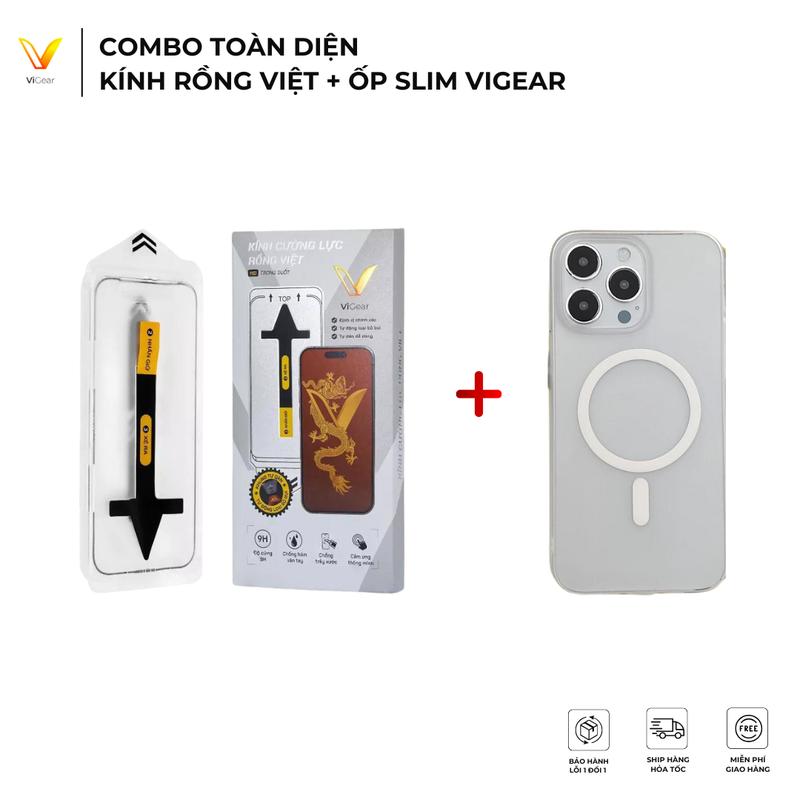 Combo toàn diện kính ViGear rồng việt + ốp nhám SLIM dành cho iPhone - Ốp từ tính có khung trợ dán Phụ Kiện đầy đủ độ cứng 9H chống xước cho điện thoại Case siêu mỏng 0.9mm