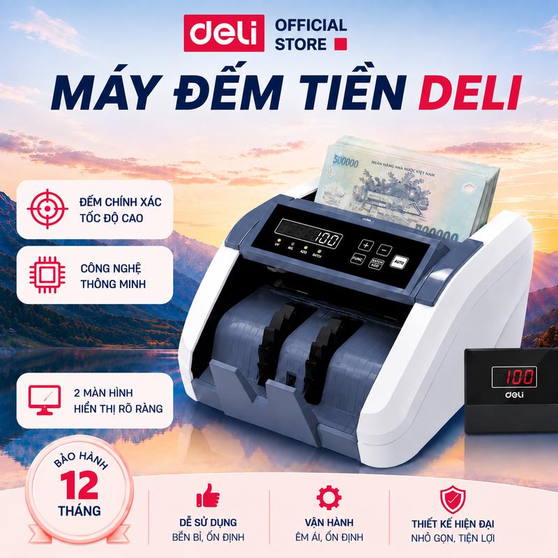 Máy Đếm Tiền Cao Cấp Deli, Bao Gồm 2 Màn Hình Cộng Dồn