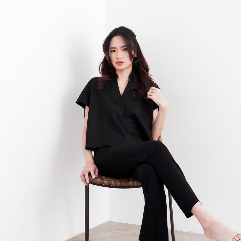 Starry Atasan Casual Linen Berkerah Semi Crop Baju Kantor Basic Kemeja Wanita Formal Santai 2