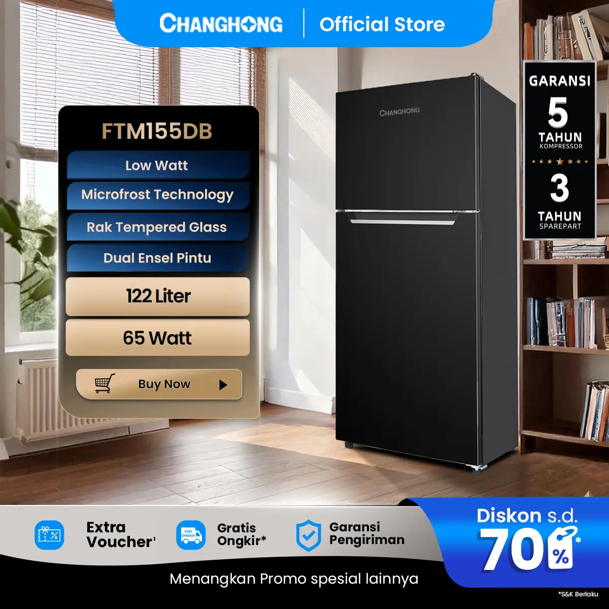Changhong  Kulkas Lemari Es 2 Pintu Refrigerator Kapasitas 122 Liter Pendingin Minuman - FTM155DB Black gap 45