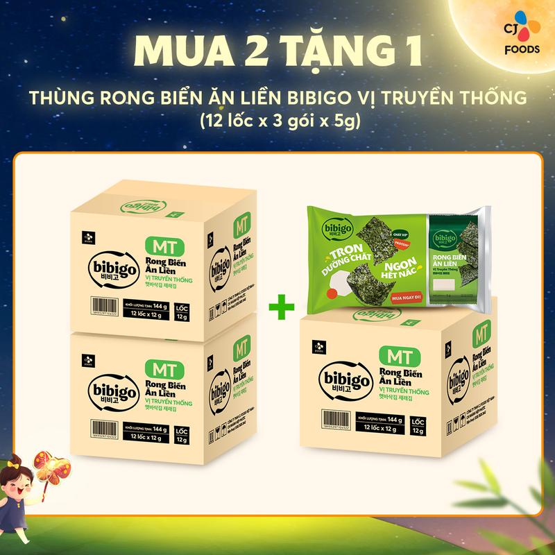 [MUA 2 TẶNG 1] Thùng 12 lốc Rong biển lá kim ăn liền Hàn Quốc Bibigo vị Truyền thống (12 lốc = 36 gói) - Code 1026339